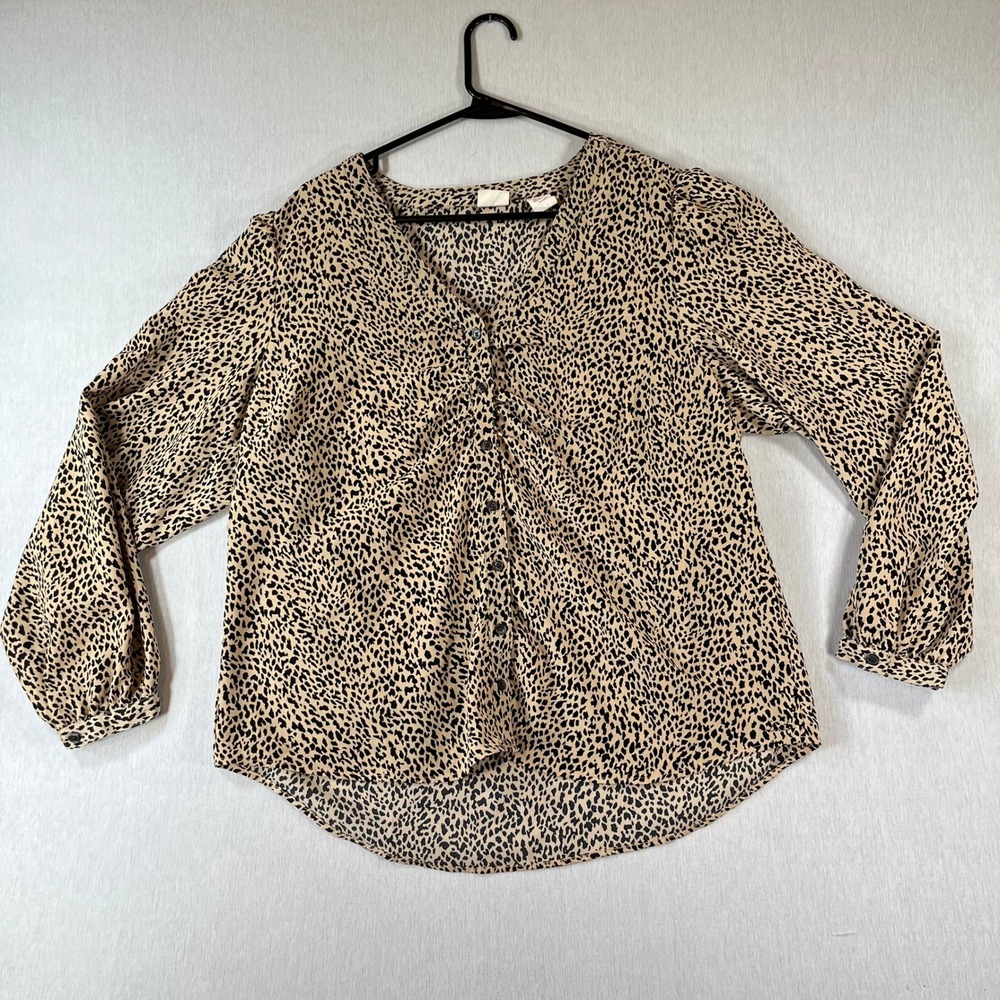Levis Top Womens XL Leopard Print V-Neck Button Front Long Sleeve Blouse Tan